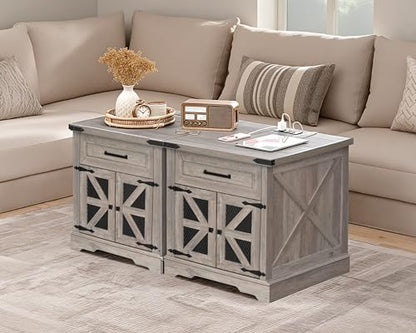 RALGEND Farmhouse End Table with Charging Station, 24" Large Sofa Side Table with Drawer, Large End Table for Living Room, Wooden Nightstand with Outlet, Square, Greige - color: Greige