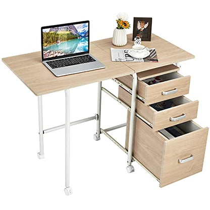 Tangkula Folding Computer Desk with 3 Drawers, Mobile Home Office Desk, Portable Laptop Desk Writing Table, Space Saving Compact Desk for Small Spaces, Dorm, Apartment - color: Beige