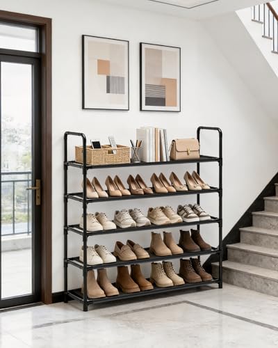 Large Capacity Shoe Rack, 5-Tier Shoe Organizer for Closet, Entryway, Hallway, Holds 20-25 Pairs, Sturdy & Durable Waterproof Fabric Shelf, Space-Saving,Black(35.8" Wide) - size: 5-Black-35.8"