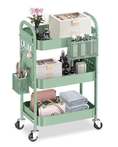 ALVOROG 3 Tier Rolling Cart with DIY Pegboards Metal Utility Cart with Wheels Handles Baskets Hooks, Storage Cart for Office Kitchen Bathroom(Green) - color: Green
