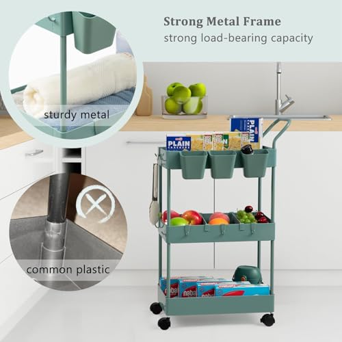 danpinera Storage Cart on Wheels, 3 Tier Bathroom Cart Organizer Slim Laundry Narrow Shelf with Wheels Dividers Hanging Cups Hooks Handle Easy Assembly, Green - style: 3 Tier Green