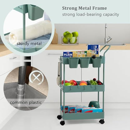 danpinera Storage Cart on Wheels, 3 Tier Bathroom Cart Organizer Slim Laundry Narrow Shelf with Wheels Dividers Hanging Cups Hooks Handle Easy Assembly, Green - style: 3 Tier Green