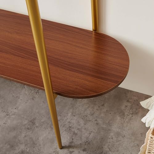 LumFurn Oval Glass Console Table for Living Room, Foyer & Entrance, 2-Tiers Mid-Century Modern Sofa Table with Amber Glass Top, Walnut Finish Wood Top and Gold Finish Metal Frame - color: Amber & Walnut, size: L41" Oval Sofa Table