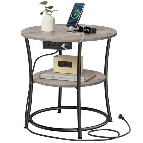 VASAGLE 21.7-Inch Round Side Table, 2-Tier End Table with Power Outlets, Nightstand with Steel Frame, Spacious Top, for Small Spaces, Living Room, Bedroom, Heather Greige and Ink Black ULET077L01 | Nightstand with Steel Frame, Spacious Top, for Small Spac