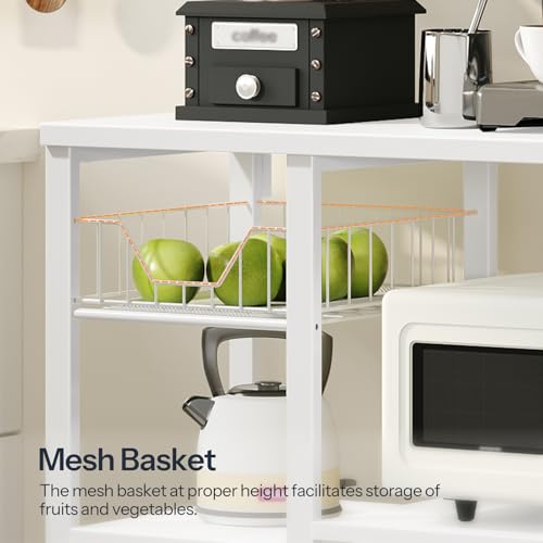 HOOBRO Bakers Rack with Power Outlet, 35.4 Inches Coffee Bar with Mesh Basket, Microwave Stand with 4 S-Shaped Hooks, Kitchen Bakers Rack with Storage, Easy to Assemble, White WT05HB01 - color: White