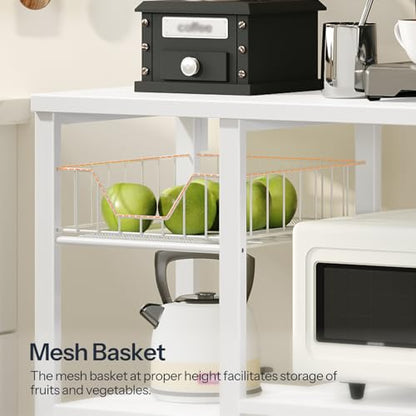 HOOBRO Bakers Rack with Power Outlet, 35.4 Inches Coffee Bar with Mesh Basket, Microwave Stand with 4 S-Shaped Hooks, Kitchen Bakers Rack with Storage, Easy to Assemble, White WT05HB01 - color: White