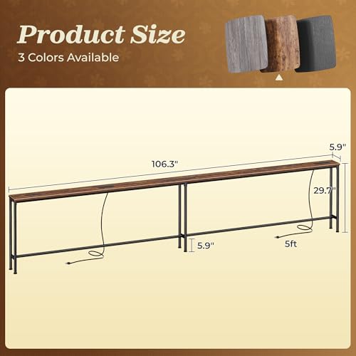 SUPERJARE 106.3 Inch Sofa Table with 2 Power Outlets and USB-C Ports, 5.9 Inch Narrow Console Table, Long Entryway Hallway Couch Table Behind Sofa, Small Spaces, Living Room, Rustic Brown - color: Rustic Brown, size: 5.9"D x 106.3"W x 29.7"H