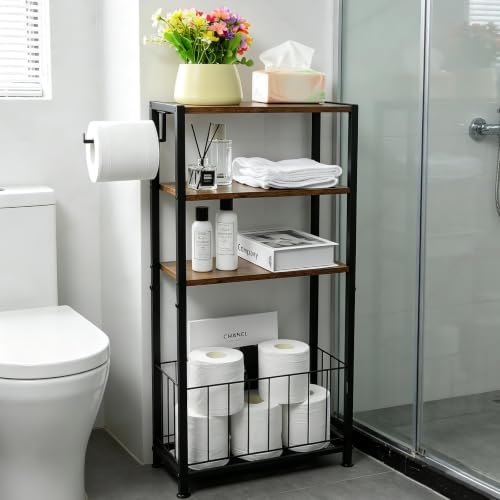 Freestanding Toilet Paper Holder with Storage Wood Shelf Adjustable Feet Bathroom Toilet Paper Stand Holder with Extra Roll Storage Basket Narrow Side Tissue Holder For Bathroom Laundry Room Apartment