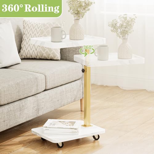 TV Tray Table, Adjustable Dinner Trays for Eating Table,360° Swivel& Sofa Armrest End Side Couch Snack Table for Sofa, Bedroom, Living Room, C Shaped End Table that Slide Under(White+Gold) - color: White Marble+gold