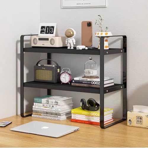Hbluefat Desktop Organizer Shelf, 2-Tier Multipurpose Tabletop Storage Bookshelf, Small Wooden Countertop Storage Rack for Home Office Kitchen (Black+Black) - color: Black+black