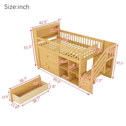Twin Size Loft Bed with LED and Bookshelf, Wood Low Loft Bed with Stairs,Twin Loft Bed with Storage Drawers and Shelves, Natural