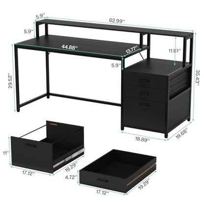 Tribesigns 63 Inch Computer Desk with File Drawer Cabinet, Ergonomic Office Desk with Monitor Stand, Industrial Computer Table with Printer Space, Wood PC Table Workstation Desks for Home Office - color: Black
