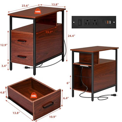 Livofloral Narrow Side Tables with Charging Station, Narrow End Table with Wooden Drawers, USB Ports and Power Outlets, Nightstand and Bedside Table for Bedroom, End Tables Living Room, Espresso - color: Espresso
