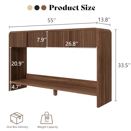 AMERLIFE 55" Fluted Entryway Console Table with 2 Drawers and Open Shelf | Modern Entryway Table with Rounded Edges, Wood Sofa Table for Hallway, Foyer, Behind Couch, Living Room, Brown - color: Brown - Fluted Panel, size: 55"