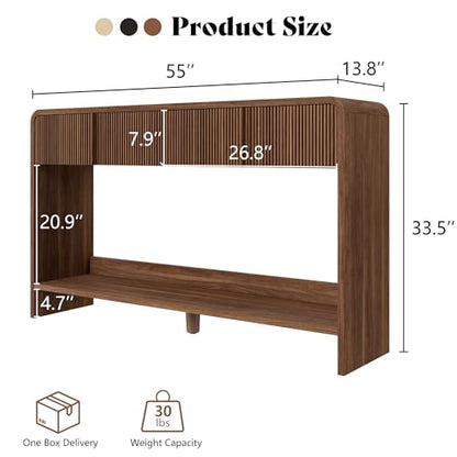 AMERLIFE 55" Fluted Entryway Console Table with 2 Drawers and Open Shelf | Modern Entryway Table with Rounded Edges, Wood Sofa Table for Hallway, Foyer, Behind Couch, Living Room, Brown - color: Brown - Fluted Panel, size: 55"