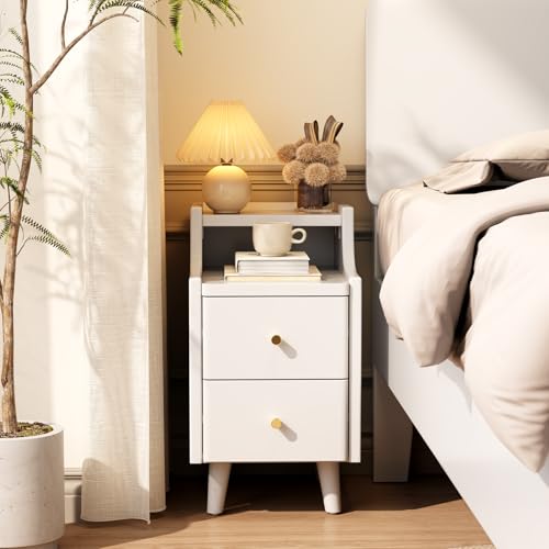 Narrow Nightstand with 2 Drawers,White Nightstand,Bedside Table,Solid Wood Modern Bedside Table for Bedroom,Study,Toilet - color: White, size: 15.75"D x 11.81"W x 22.32"H(2 Drawers)