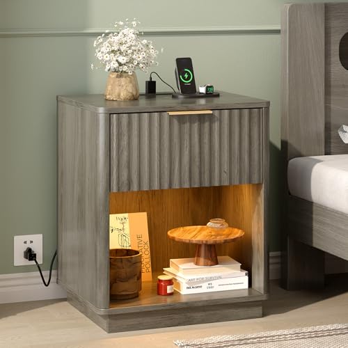 VINGLI Night Stand with Charging Station & Led Light, 19" W Fluted Nightstand Round Edge, Wood Nightstand Mid Century Modern End Table, Bed Side Table for Bedroom, Living Room, Gray Oak - color: Grey, size: 19"W-1 Drawer 1 Shelf