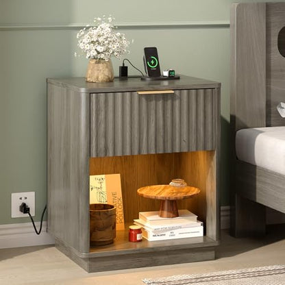 VINGLI Night Stand with Charging Station & Led Light, 19" W Fluted Nightstand Round Edge, Wood Nightstand Mid Century Modern End Table, Bed Side Table for Bedroom, Living Room, Gray Oak - color: Grey, size: 19"W-1 Drawer 1 Shelf