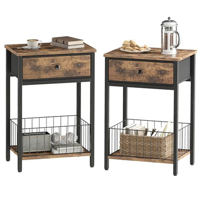 Night Stand Set 2, Night Stand with Drawers, Industrial nightstand, Nightstand with Fabric Bins, Bedside Table End Table for Bedroom, Closet, Entryway, College Dorm, Rustic Brown LNT0061BR2 - color: Rustic Brown & Black