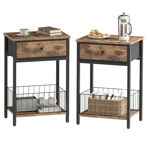 Night Stand Set 2, Night Stand with Drawers, Industrial nightstand, Nightstand with Fabric Bins, Bedside Table End Table for Bedroom, Closet, Entryway, College Dorm, Rustic Brown LNT0061BR2 - color: Rustic Brown & Black