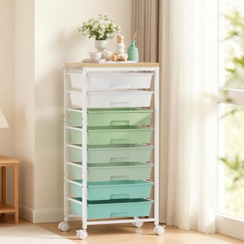 Rolling Cart with 8 Drawers, Plastic Drawer Storage Carts with Wheels & Wooden Tabletop, Metal Utility Cart Organizer for Bedroom Living Room Office Classroom Craft Organization and Storage, Green - color: Bright Green