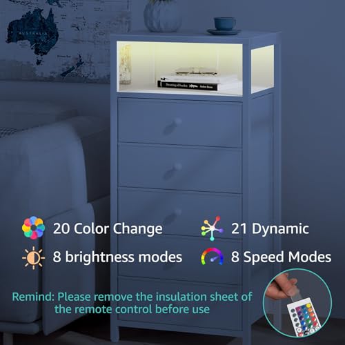 BOLUO White Dresser with 5 Drawers Tall Nightstand with Charging Station and LED Light, Bedside Table Room Storage Drawers Closet - color: A.white, size: 11.8"D x 15.7"W x 39.8"H (5 drawers)