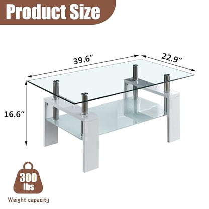 2-Tier Coffee Table with Tempered Glass Top and MDF Frame, Modern White Rectangular Glass Center Table for Living Room, Apartment, Office, Easy to Assemble - color: White, size: Coffee Table