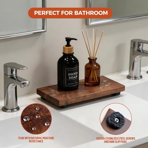 Teak Wood Decorative Small Tray, Bathroom Wood Riser for Decor, Kitchen Counter Wooden Pedestal Stand, Tray for Vanity, Sink & Soap (1, Teak Wood, 10.6" x 4.9" x 1") - size: 10.6" x 4.9" x 1"
