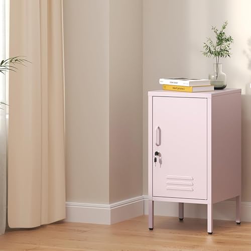 Garvee Metal Locker Nightstand with Shelf,Single Door Lockable Metal End Table,Modern Bedside Table, Versatile Side Cabinet for Bedroom, Living Room, or Office (27.55”h x 13.78”w x 14.96”d) - color: Pink
