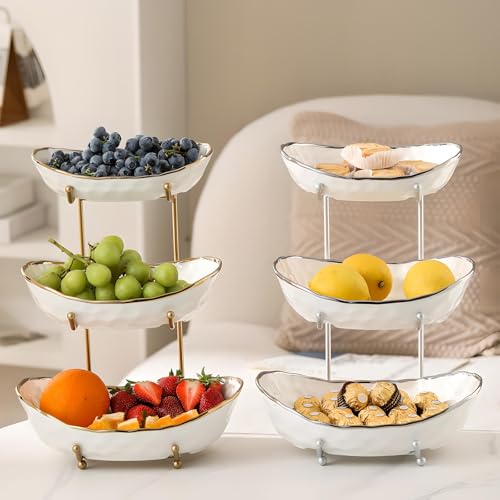 White Fruit Bowl with Silver Metal Stand, 2 Tier Modern Ceramic Fruit Bowl Fruit Rack for Kitchen Counter, Tiered Fruit Basket for Snacks Bread Candy Storage (White B,2 Tier) - color: White B,2 Tier