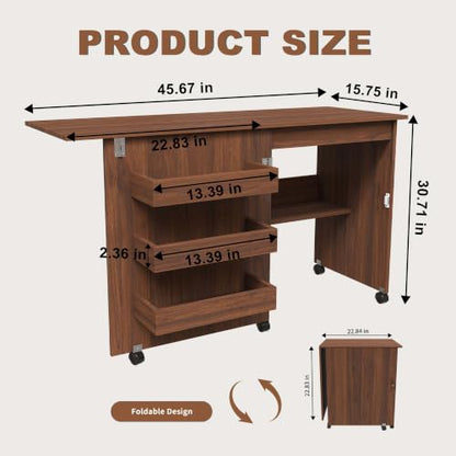 HRVEOCEI 4-in-1 Folding Sewing Table with Storage, Sewing Desk Foldable with Lockable Wheels & Power Socket, Sewings Machine Cabinet & Craft Desk with Shelves, Compact Design (Walnut, 45 Inch) - color: Walnut, size: 45 Inch