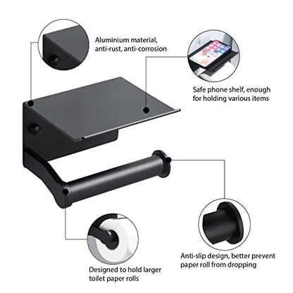 Toilet Paper Holder with Phone Shelf, Self Adhesive Aluminum Tissue Roll Dispenser for Mega Roll, Wall Mounted Toilet Paper Roll Holder for Bathroom, Matte Black - color: Matte Black