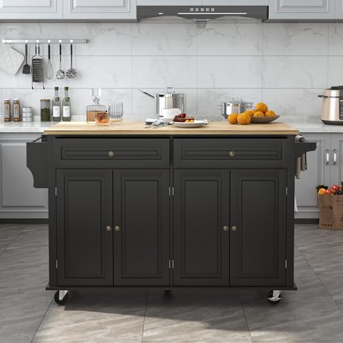 Squireewo 59" Kitchen Cart with Wood Top and Drop Leaf Breakfast Bar, Rolling Mobile Kitchen Island Table on Wheels with Drawer and Storage Cabinet, Spice Rack, Towel Rack, Black - size: 59"W