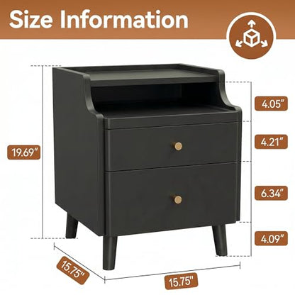 Nightstand Set of 2, Pre-Assembled, 19.7“H Solid Wood Night Stand with 2 Drawers, Open Sliding Shelf, Mid Century Modern Small Bedside Table for Bedroom, Black 16" - color: Black-2pack, size: 16"