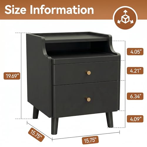 Nightstand Set of 2, Pre-Assembled, 19.7“H Solid Wood Night Stand with 2 Drawers, Open Sliding Shelf, Mid Century Modern Small Bedside Table for Bedroom, Black 16" - color: Black-2pack, size: 16"