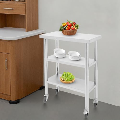 24"x14"x35" 3-Tier Industrial Work Table, Heavy Duty Stainless Steel Workstation with Adjustable Shelves, 305 lbs Top Load, 4 Swivel Casters and Leveling Feet for Small Spaces - size: 24 X 14 X 35 Inches