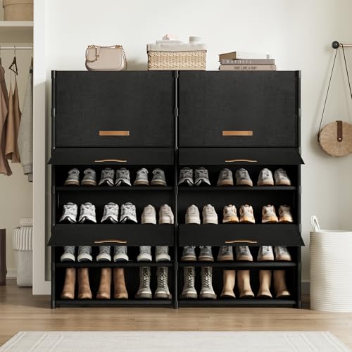 Shoe Storage Cabinet with Door, 42 Pairs Shoe Rack 2 by 7 Tier Space Saving Plastic Shoe Organizer with Cover for Closet, Hallway, Living Room, Bedroom, Garage, Black - size: 2 by 7(42 Pairs)