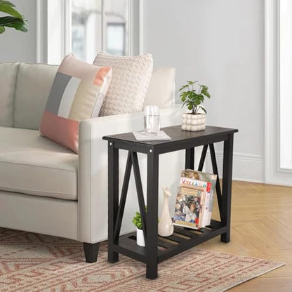 Narrow Side Table with Storage Shelf 2 Tier Wooden Nightstand Bedside Tables for Small Spaces Black Modern Accent Sofa Side Tables for Couch Living Room Bedroom Entryway - color: Wood Grain Black