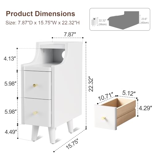 Narrow Nightstand with 2 Drawers,White Nightstand,Bedside Table,Solid Wood Modern Bedside Table for Bedroom,Study,Toilet - color: White, size: 15.75"D x 7.87"W x 22.32"H(2 Drawers)