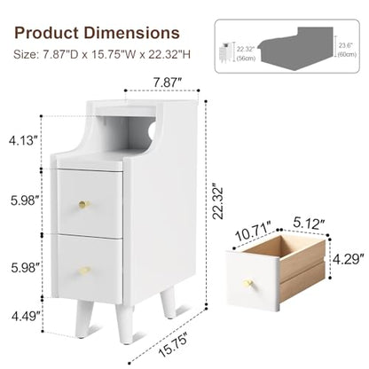Narrow Nightstand with 2 Drawers,White Nightstand,Bedside Table,Solid Wood Modern Bedside Table for Bedroom,Study,Toilet - color: White, size: 15.75"D x 7.87"W x 22.32"H(2 Drawers)