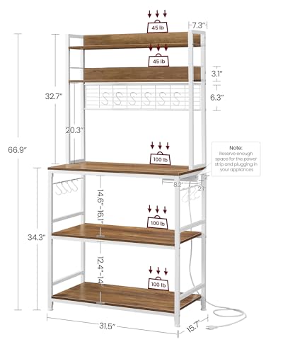 VASAGLE Bakers Rack with Power Outlet, Microwave Stand, Kitchen Tall Utility Storage Shelf, with Metal Wire Panel, 14 Hooks, 15.7 x 31.5 x 66.9 Inches, Rustic Walnut and Cloud White UKKS025W41 - color: Rustic Walnut + Cloud White, size: 31.5"W