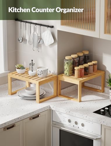 Tomorotec Bamboo Cabinet Shelf, 2 Pcs Kitchen Counter Shelf, Space-Saving Cabinet Organizer for Kitchen, Bathroom and Desk, Multifunctional Storage Rack for Spices, Cans, Toiletries and Stationery