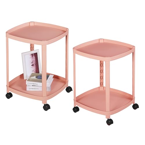 VECELO Rolling End Side Table with Lockable Wheels, 2‑Tier Plastic Mobile Sofa Side Table, Small Nightstand Storage Cart for Living Room Bedroom Bathroom, 2 PCS, Pink - color: Pink, size: 2 PCS