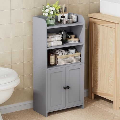 Homhedy Small Bathroom Storage Cabinet, Freestanding Toilet Paper Storage with 2 Doors and Shelves, Bathroom Organizers and Storage for Small Spaces, Laundry Room, 7.9" D x 14.6" W x 31" H, Gray - color: Grey, size: 7.9"D x 14.6"W x 31"H