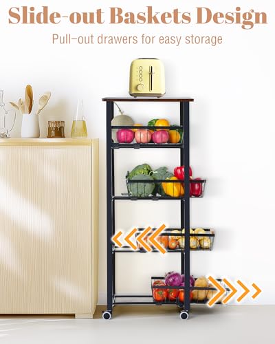 Mythinglogic 5-Tier Rolling Fruit Vegetable Storage Cart with Pull-Out Baskets, Metal Kitchen Organizer, Heavy Duty Utility Rack with Wheels for Pantry, Living Room, Kitchen - size: 15.74"D x 11.81"W x 42.51"H