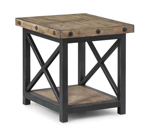 Flexsteel Craftsman Solid Acacia Wood End Table, Rustic Industrial with Lower Shelf, Hand Worked Metal Frame, Distressed Side Table Living Room Furniture, Farmhouse Nightstand (Light Brown)