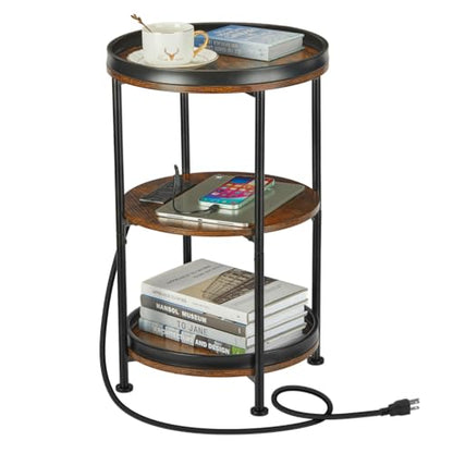 Dulcii Round Side Table with Charging Station, End Table with 3 Shelves for Living Room, Bedroom Nightstand for Small Spaces, Industrial Round Sofa Table with Steel Frame (USB+Rustic Brown) - color: Rustic Brown, style: With Outlets