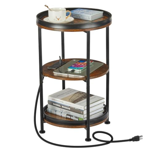 Dulcii Round Side Table with Charging Station, End Table with 3 Shelves for Living Room, Bedroom Nightstand for Small Spaces, Industrial Round Sofa Table with Steel Frame (USB+Rustic Brown) - color: Rustic Brown, style: With Outlets
