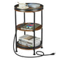 Dulcii Round Side Table with Charging Station, End Table with 3 Shelves for Living Room, Bedroom Nightstand for Small Spaces, Industrial Round Sofa Table with Steel Frame (USB+Rustic Brown) - color: Rustic Brown, style: With Outlets