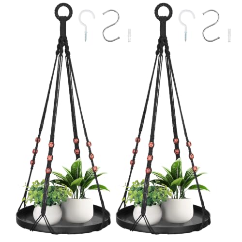 GREANER Black Macrame Plant Hanger, 2 Packs Hanging Baskets with Handmade Cotton, Plant Window Hanger for Indoor and Outdoor Use - color: Black